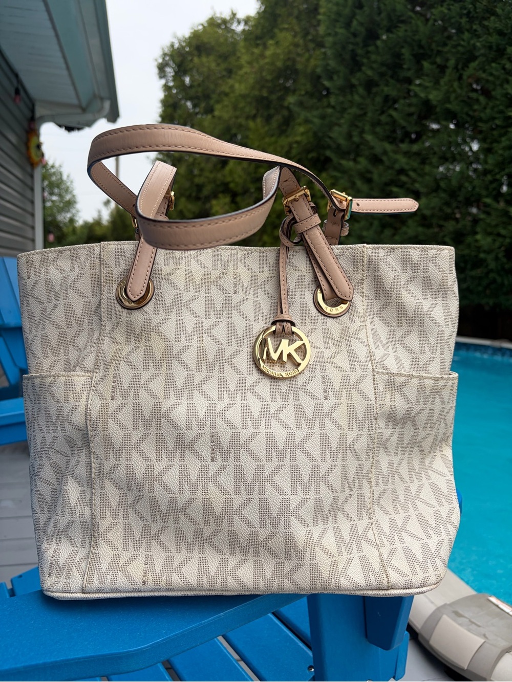 Michael Kors Cream Beige MK Logo Tote with Gold Charm